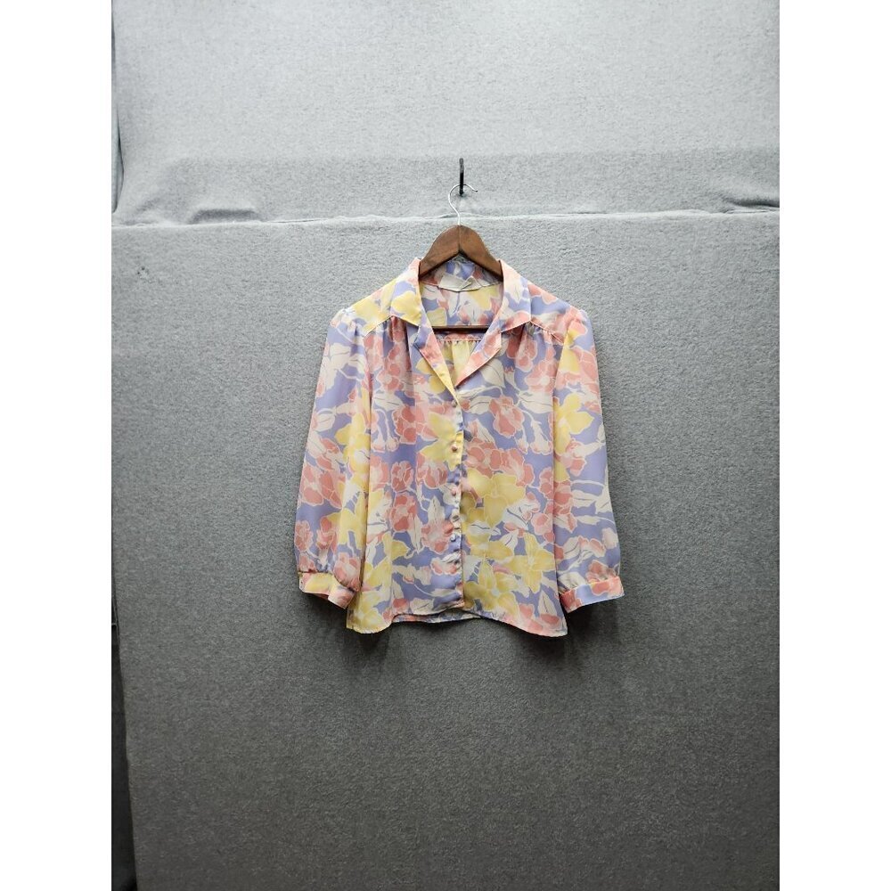 Vintage Deborah Barry Floral Button-Up Blouse With Pastel Yellow & Pink Print Li